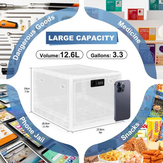 Gemaxvoled Lockable Medicine Box, Clear Medicine Storage Box, Premium Material Lockable Storage Bin Organiser Box for Fridge Food/Snacks/Phone/Tablet