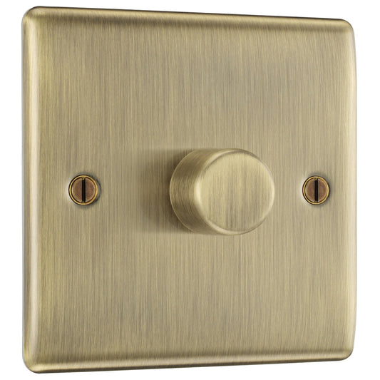 BG Electrical Intelligent Single Wall Dimmer Switch, 2 Way, Raised Profile, Round Edges, Nexus Metal, Antique Brass, 200W, NAB81