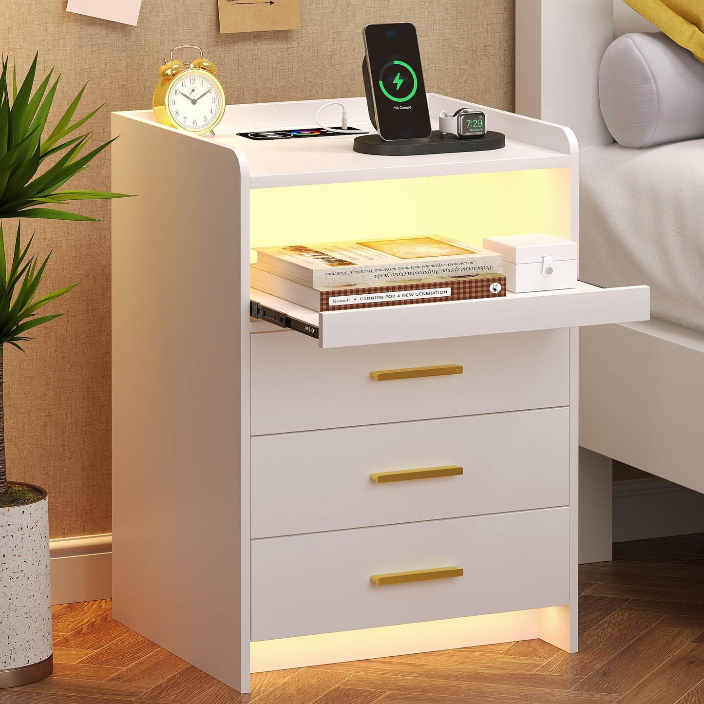 FREDEES White Bedside Table with Charging Station and Led Lights, Bedside Cabinet with 3 Drawers, Modern Nightstand with Storage for Bedroom, Living