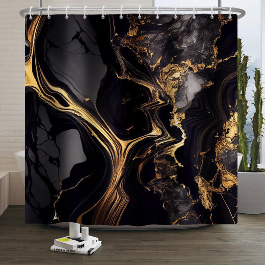 Xiaoterna Abstract Black and Gold Marble Shower Curtain With Sparkling Modern Luxury Waterproof Fabric, Machine Washable, 180x180cm