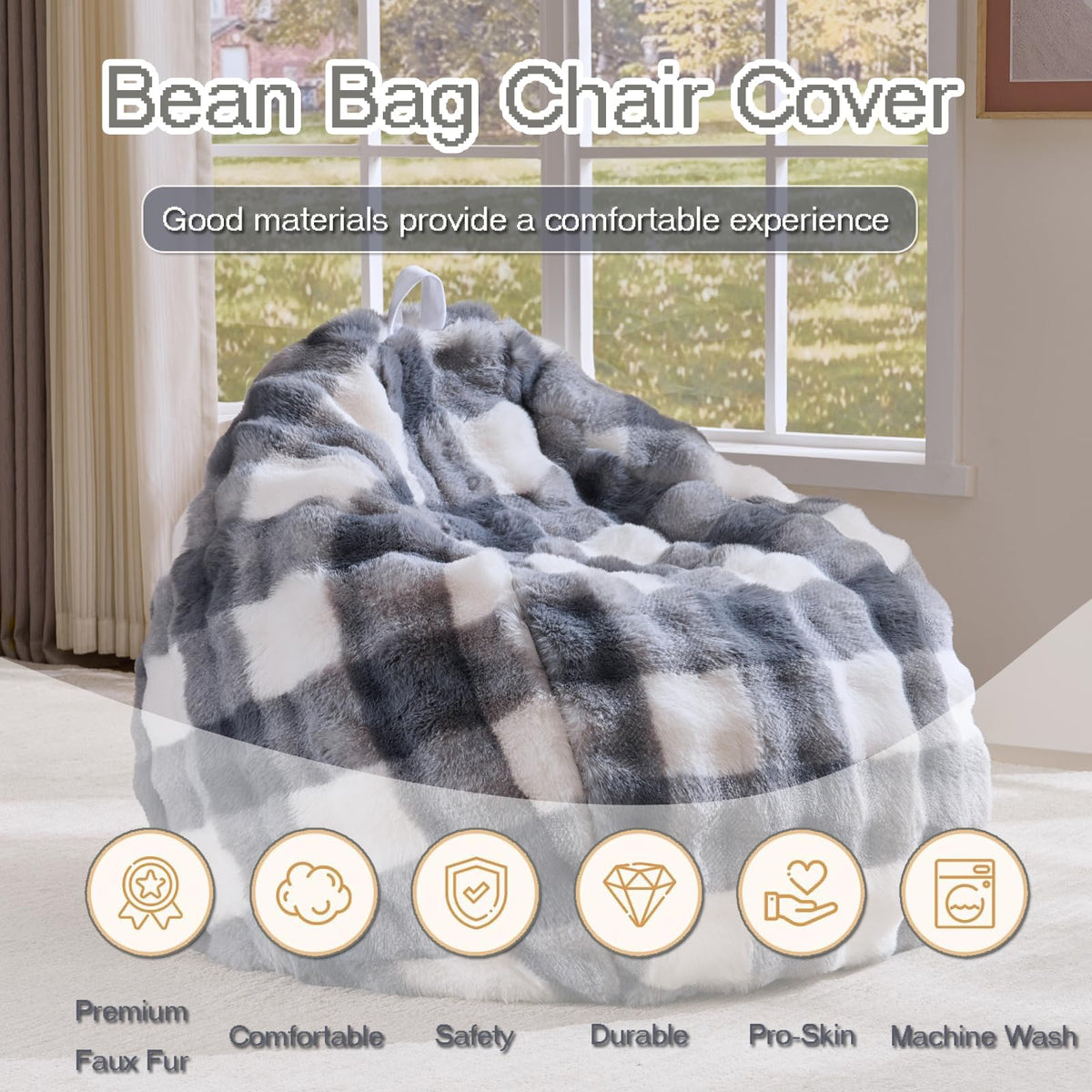 Fluffy Faux Rabbit Fur Bean Bag Chair Cover(No Filler),Cozy Shaggy Bubble Stuffed Animal Storage Large Bean Bag Cover for Bedroom Living Room,Fuzzy