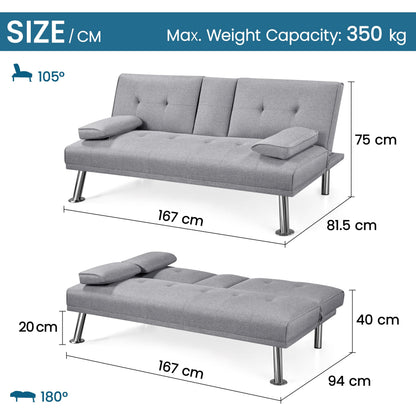 Yaheetech Light Grey 3-in-1 Convertible Upholstered Cup Holder Sofa Bed