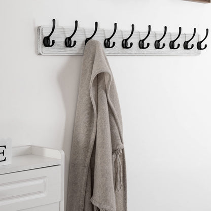 SKOLOO Farmhouse Style Wall Mounted Coat Rack, Wood Coat Hook Hanger - 10 Hooks for Hanging Clothes Robes Towels Coats