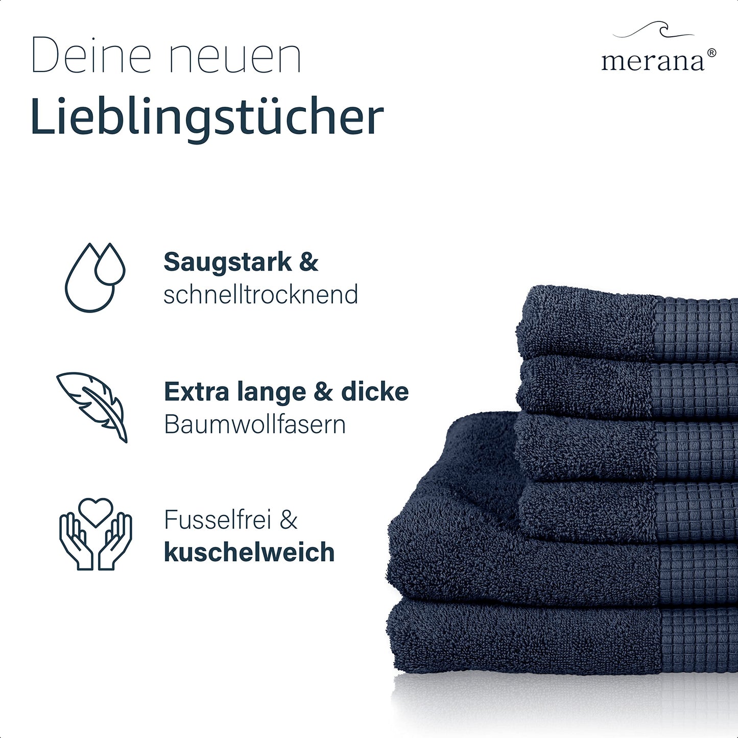Merana Hand Towel Set Absorbent, Soft and Lint Terry Guest Towel Quality Heavy Organic Cotton 590 GSM, Pacific Blue, 6er Sparset | 4x Handtuch