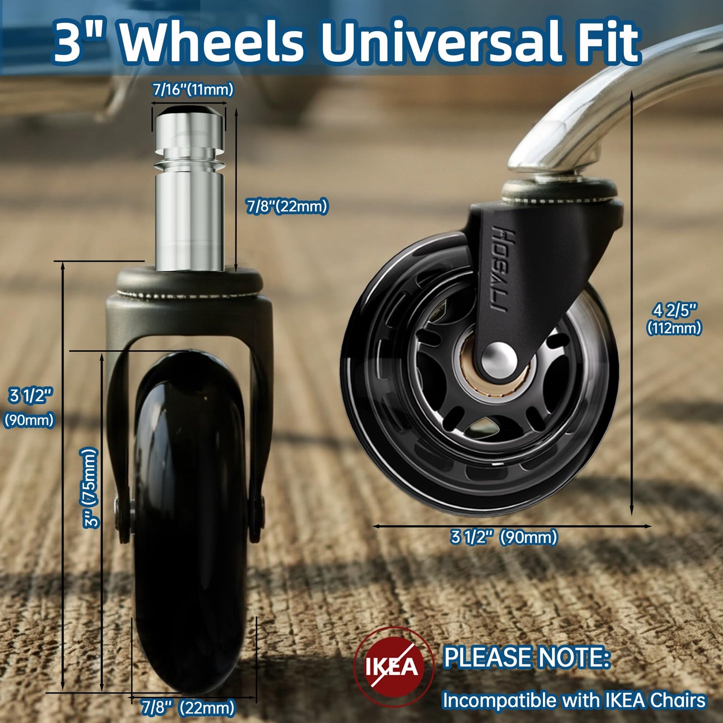 Office Rubber Chair Casters Replacement, 3 Inch Heavy-Duty Computer Gaming Desk Caster Wheels Smooth & Safe Rolling for All Floors Including Hardwood