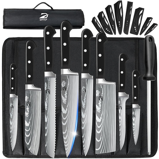 Dfito Chef Knife Sets with Roll Bag, 9 Pieces Professional Knife Set, High Carbon Stainless Steel Kitchen Chef Knife Set, ABS Handle, Dishwasher Safe