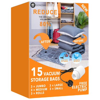 15 Pack Vacuum Storage Bags with Electric Pump (3 Jumbo, 3 Large, 3 Medium, 3 Small, 3 Roll Up), Space Saver Sealer Compression Bags for Blankets