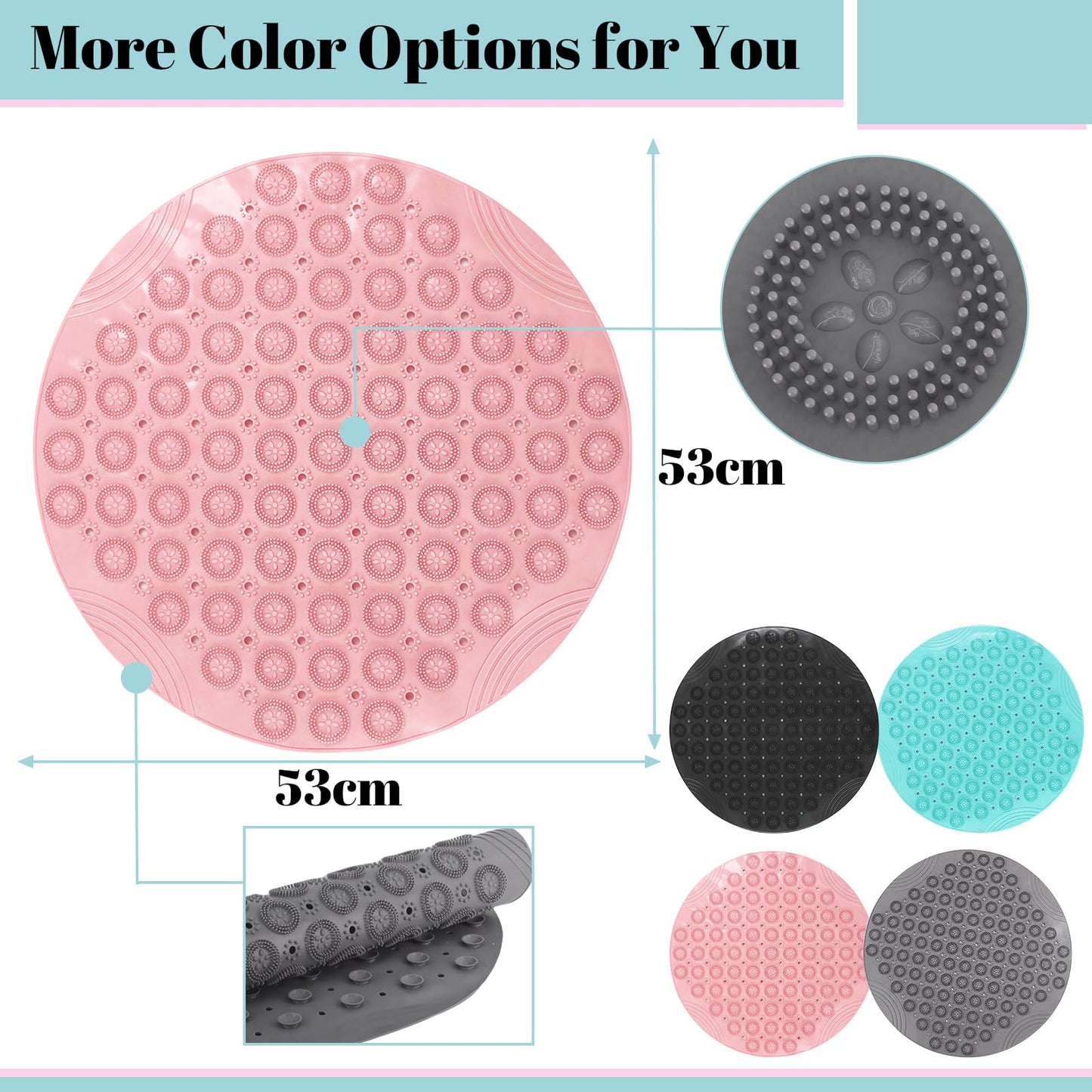 Shower Bath Mat 53x53cm,Extra Round Shower Mat Anti Mould Bath Mats Pink,Non Slip Bath Mat for Tub,Shower Mats with Suction Cups,Drain Holes,Machine