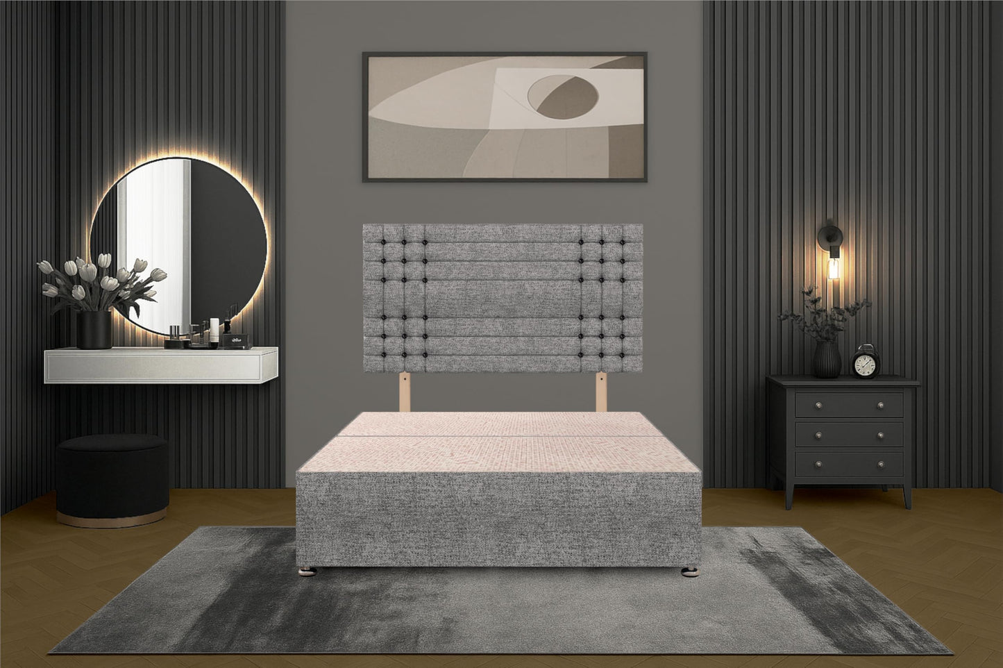 Bed Centre Tweed Gray Flexby Divan Bed Base - Headboard And Storage Drawer