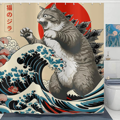 ASDCXZ Japanese Cat Shower Curtain 180x180 cm, Vintage Funny Japan Anime Cat Sun Wave Kids Animal Waterproof Bath Curtain Polyester Textile Washable
