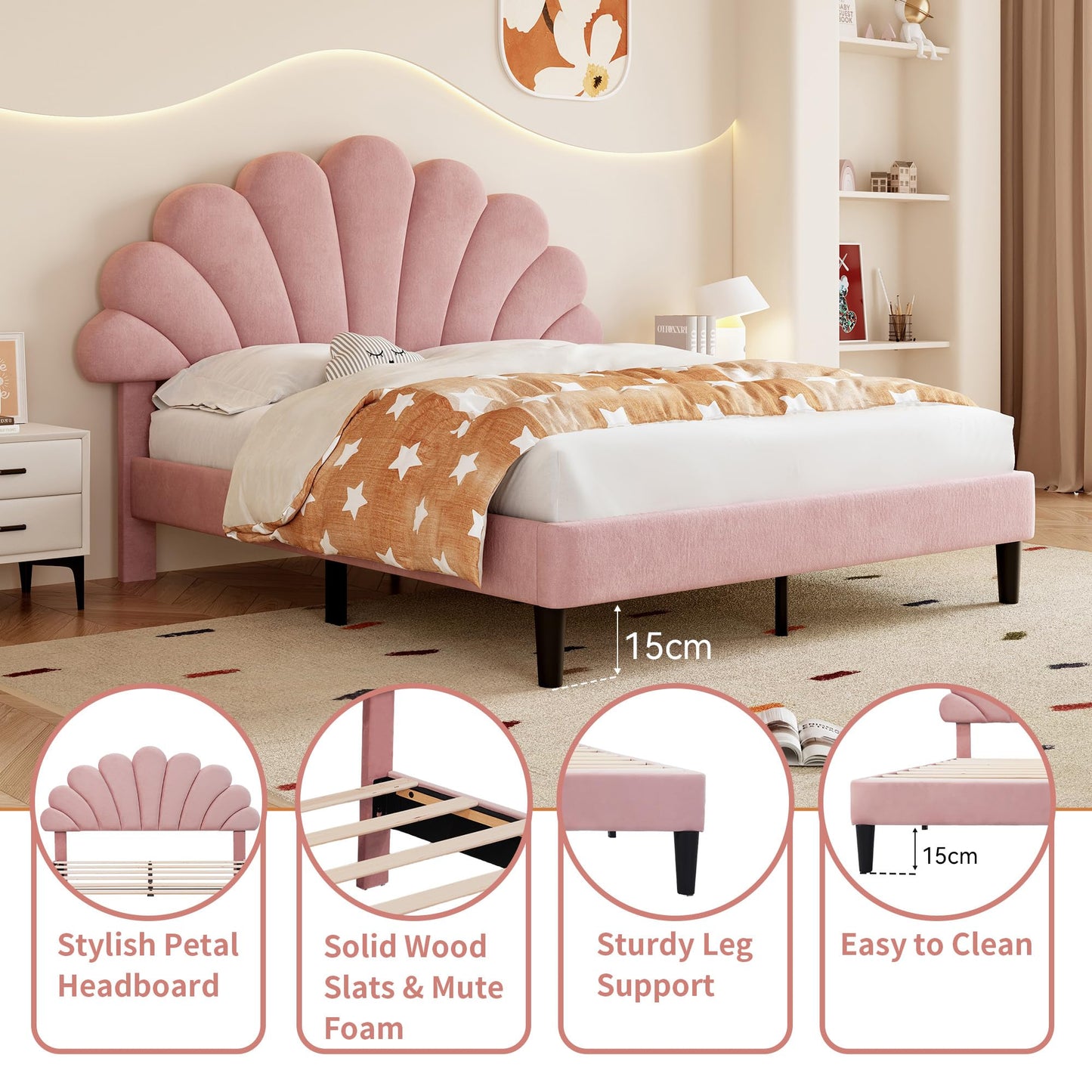 Merax Double bed frame, 4ft6 Double Upholstered Bed, Adjustable Chic Petal Headboard, Sturdy Wooden Slat Support, Velvet Fabric (No Mattress)