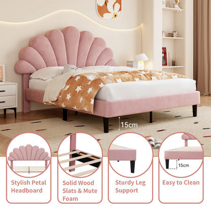 Merax Double bed frame, 4ft6 Double Upholstered Bed, Adjustable Chic Petal Headboard, Sturdy Wooden Slat Support, Velvet Fabric (No Mattress)