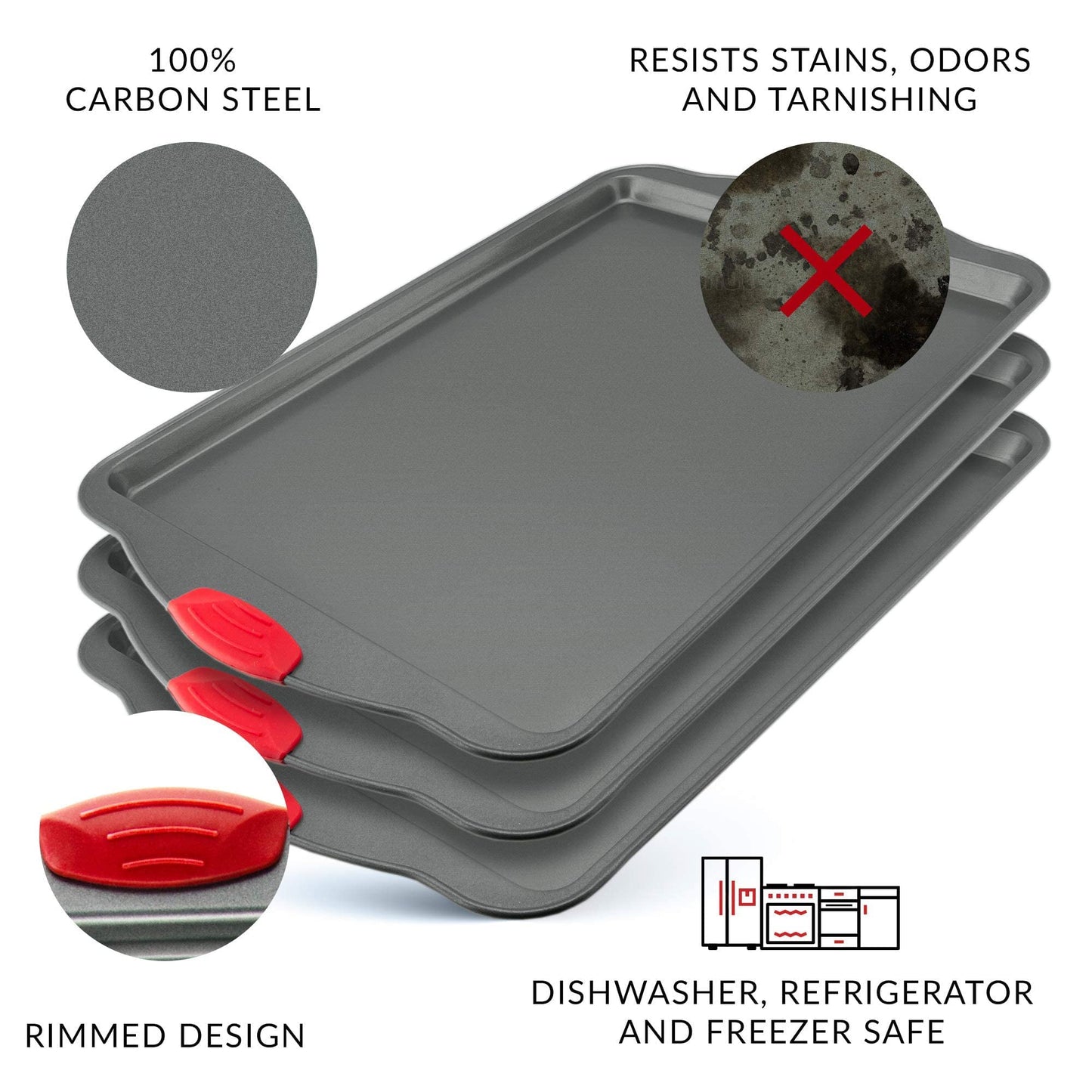 Premium Nonstick Baking Sheet Pans ? Set of 3, Heavy-Gauge Carbon Steel, Warp, Dent, and Rust-Resistant ? Gourmet Rimmed Half Cookie Sheet Trays,