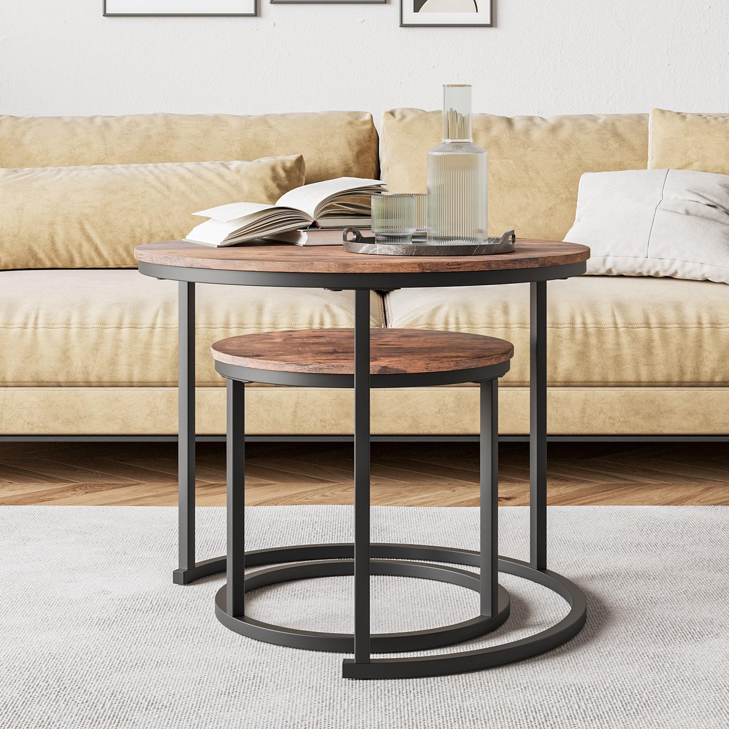 HOJINLINERO Small Round Nesting Coffee Table Set of 2 with Metal Frame and Wood Top, Modern Stacking Side Table for Living Room, Bedroom, Office