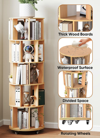 Suuiwau 5 Tier Rotating Bookshelf, 360° Revolving Bookcase with Wheels