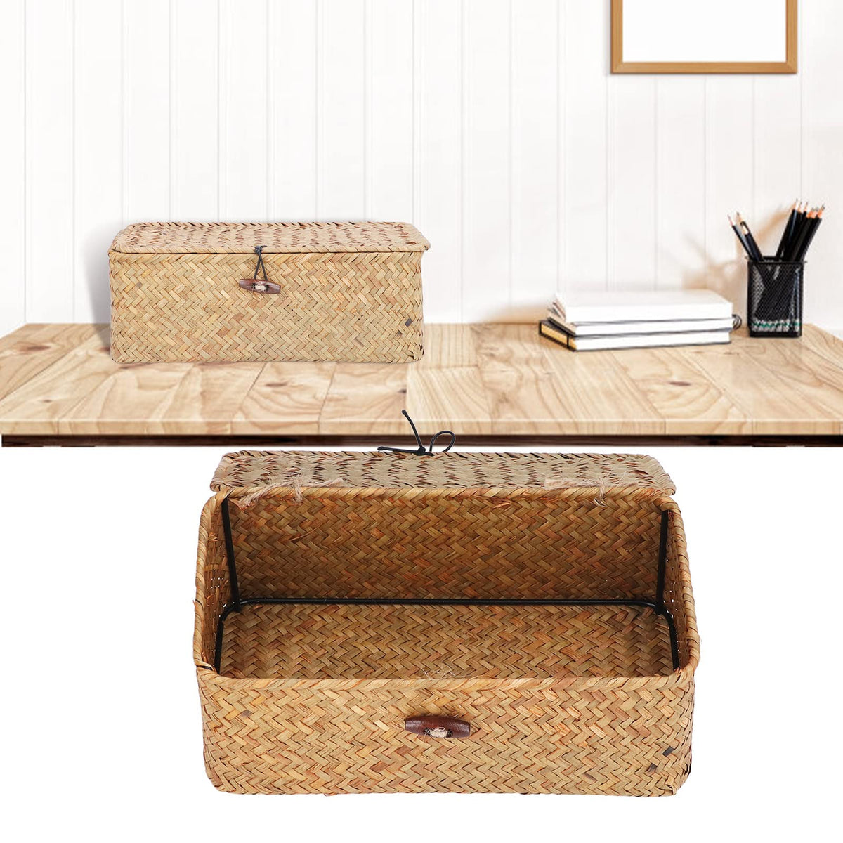 Wicker Storage Bins with Lid, Multipurpose Dustproof Seagrass Basket, Rectangular Household Organizer Box Shelf Wardrobe Organizer (L)