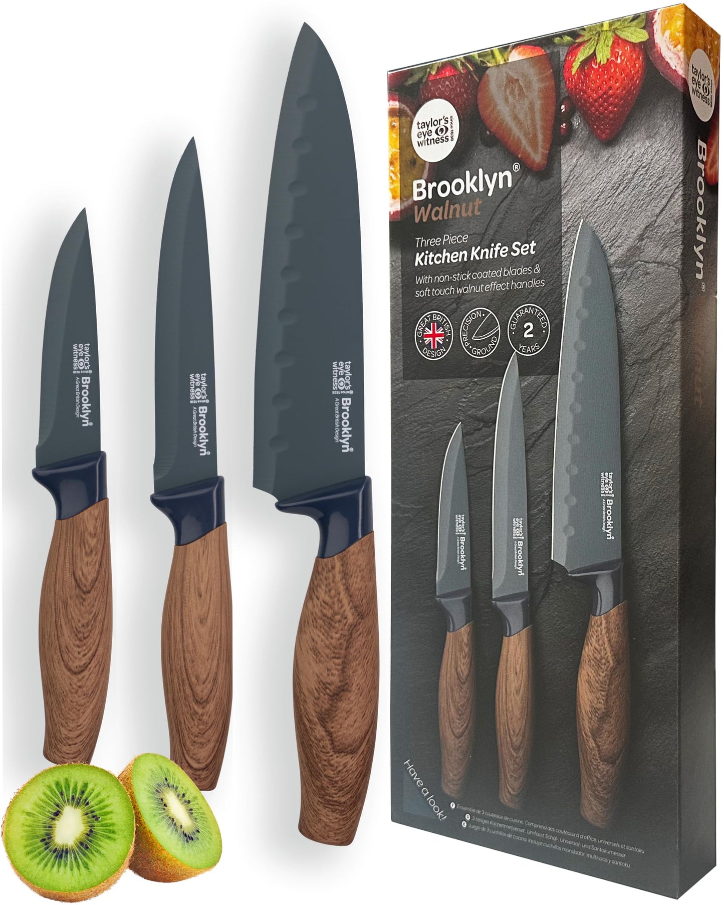 Taylors Eye Witness 3pc Walnut Look Presentation Knife Set - Brooklyn Anti-Bacterial Non Stick Blue Coated Blades. 9cm Paring, 13cm All-Purpose & 16cm