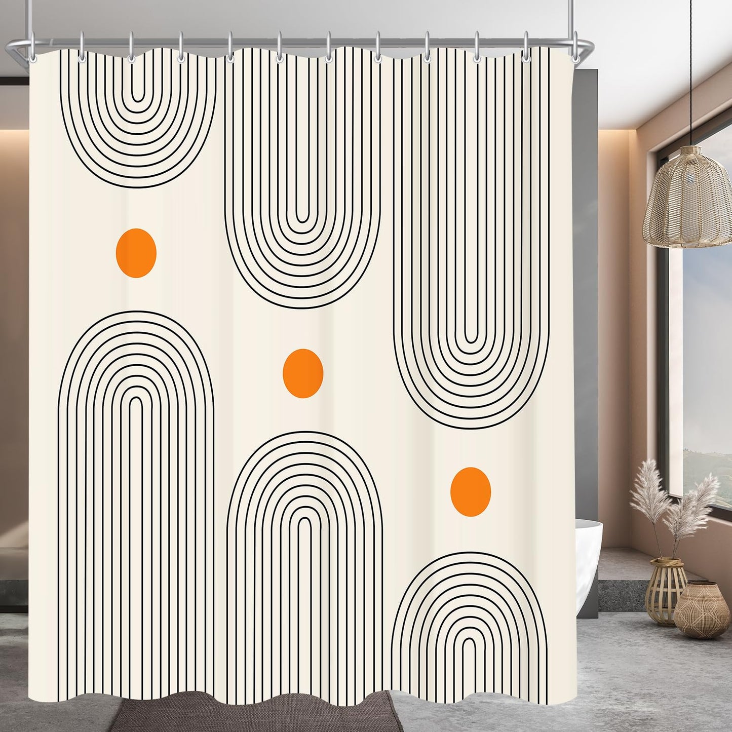 Lerores Shower Curtain 200 x 200 cm Geometric Curve, Weighted Hem, Anti-Mould Textile, Water-Repellent, Washable Polyester Fabric Bath Curtains for