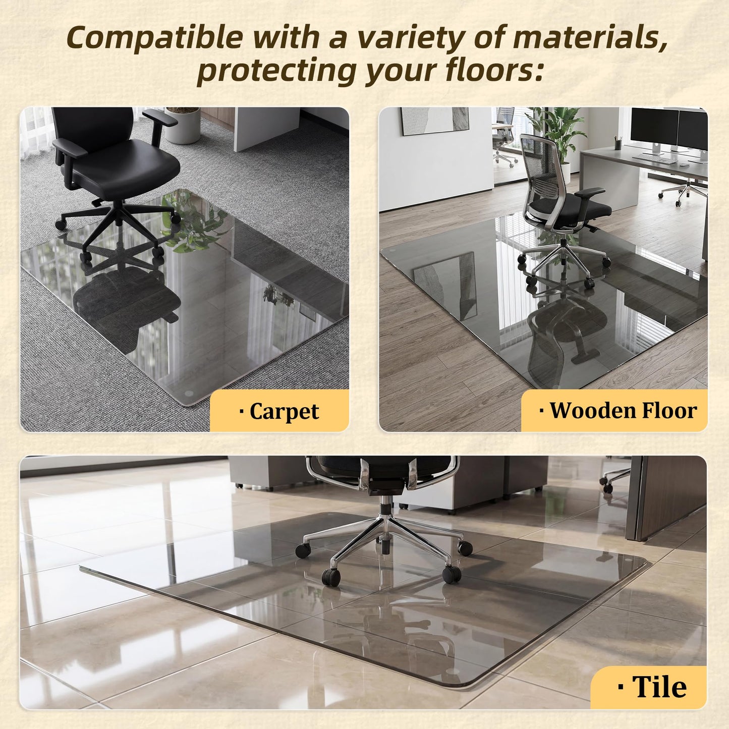 Koonmi Tempered Glass Chair Mat, 116 x 90 cm, Grey