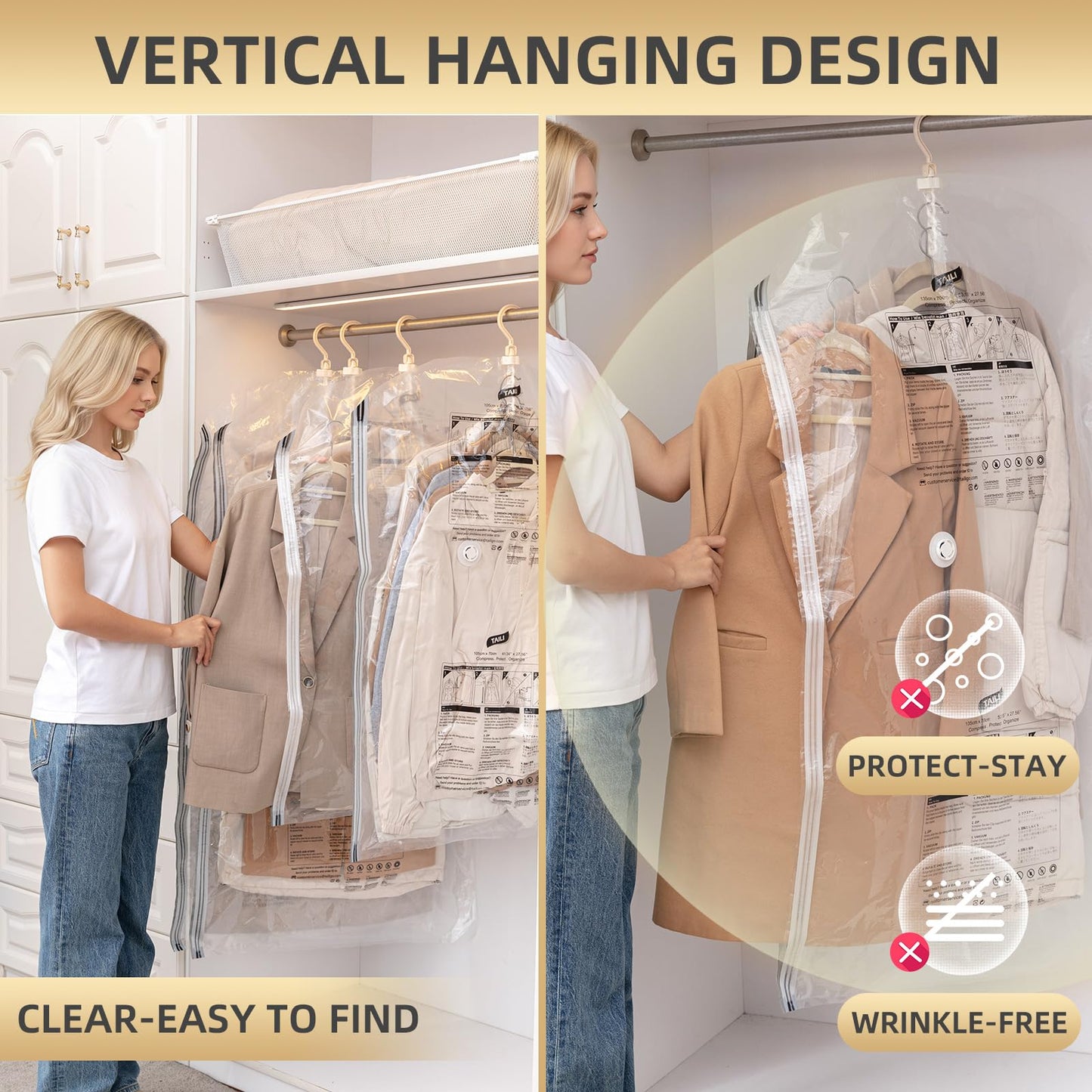 TAILI Hanging Vacuum Storage Bags, Vacuum Storage Bags for Coats, 4 Large