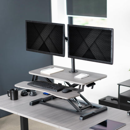VIVO Height Adjustable 81cm Standing Desk Converter with Dual 13 to 30 inch Monitor Stand, Sit Stand Monitor Mount and Desk Riser, Gray