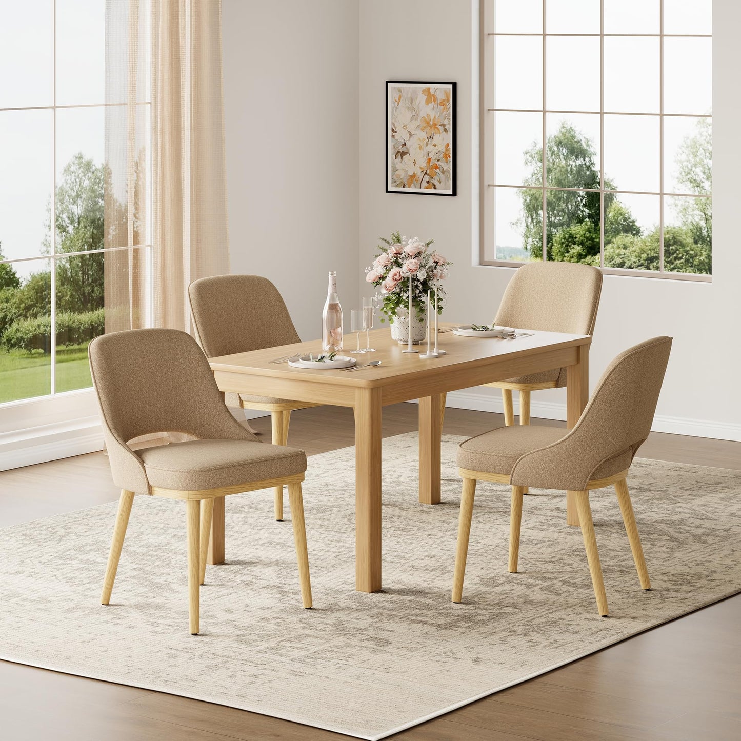 Dining Chairs Set of 4, Upholstered Dining Room Chairs with Chenille Fabric, Ergonomic Backrest, High Density Cushion & Rubber Wood Frame
