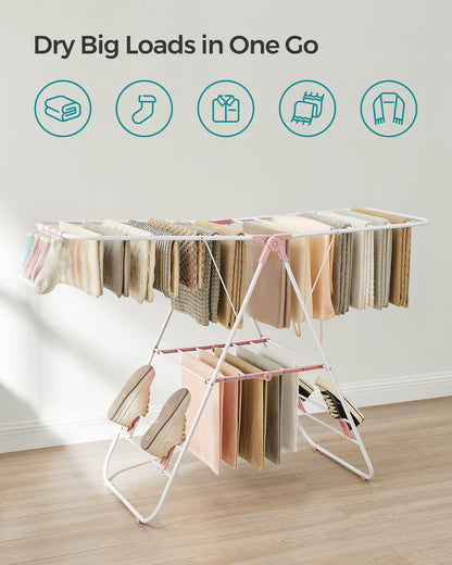 SONGMICS Clothes Airer, Foldable Clothes Drying Rack, Clothes Horse with Height-Adjustable Wings, Free-Standing Laundry Drying Rack, Indoor and