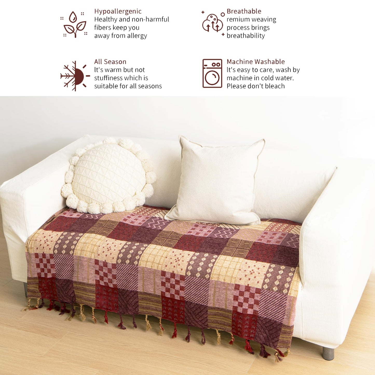 VANJOROY Bohemian Large Patchwork Sofa Bed Throw Blanket with Tassels For 2 3 Seater Settees,100% Chenille Soft Multi-function Throw for Couch