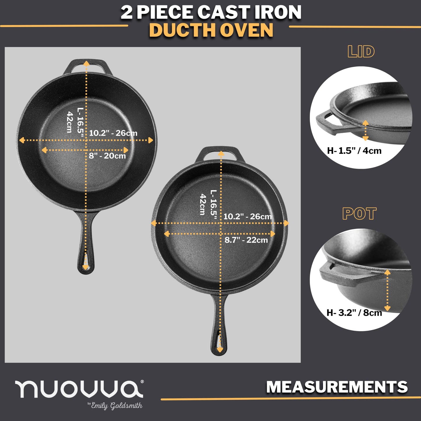 nuovva 2pcs Cast Iron Skillet Set  Pre Seasoned Skillet Frying Pan  Oven Safe Grill Cookware Set for Outdoor & Indoor Use  (Chef Set 10-inch 25cm