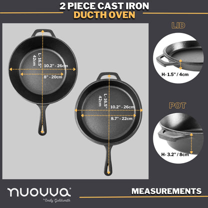 nuovva 2pcs Cast Iron Skillet Set  Pre Seasoned Skillet Frying Pan  Oven Safe Grill Cookware Set for Outdoor & Indoor Use  (Chef Set 10-inch 25cm