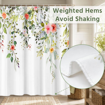 FAVORTALK Shower Curtain White Mould Proof Resistant Waterproof Floral Bathroom Curtains with 12 hooks Quick-Drying Weighted 180x180cm