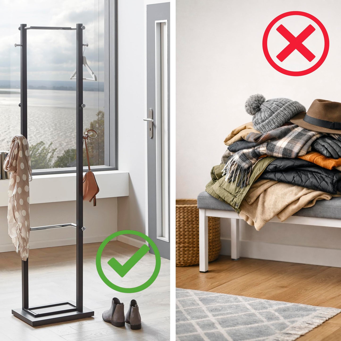 HAKU Coat rack in stainless steel finish, black, metal, 8 mm safety glass coat rack – dimensions: W 35 x H 182 x D 35 cm, style: modern