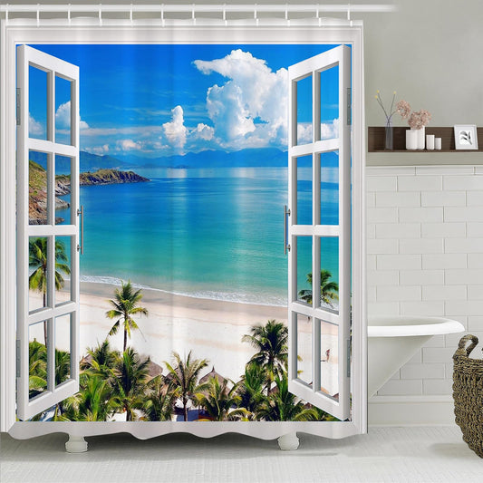 Simpomsy Beach Shower Curtain, 3D Ocean Seascape Sky Clounds Nature Tropical Palm Tree Seagull Window Views Anti Mould Bath Curtains for Bathroom