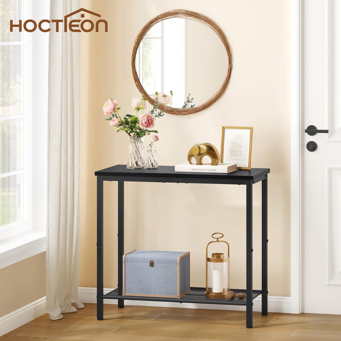 Hoctieon 2 Tier End Table, Sofa Side Table, Narrow Side Table with Storage, Slim Nightstand for Small Spaces, Metal Frame, for Living Room, Bedroom