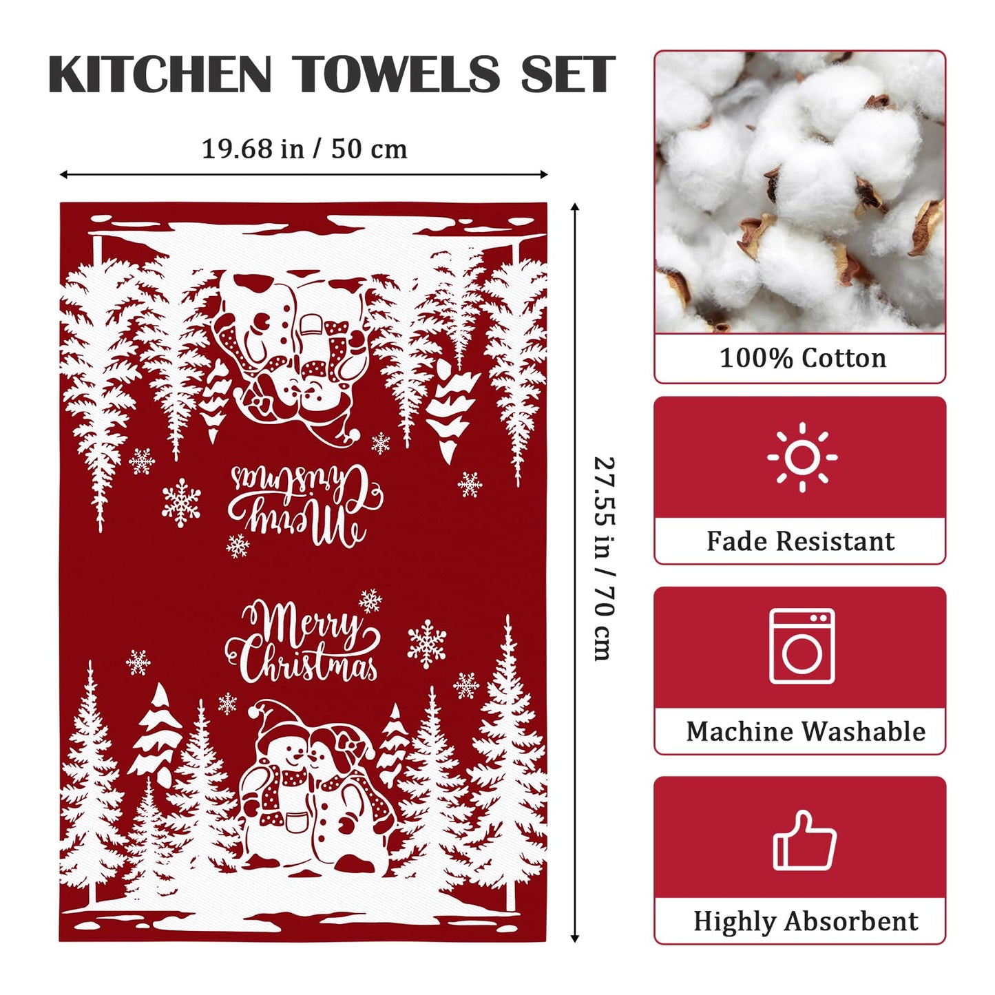 Arquiel 2 Pcs Snowman Christmas Kitchen Towel 100% Cotton Winter Absorbent Dish Towel 70 x 48 cm Housewarming Red Farmhouse Decorative Hand Towel for
