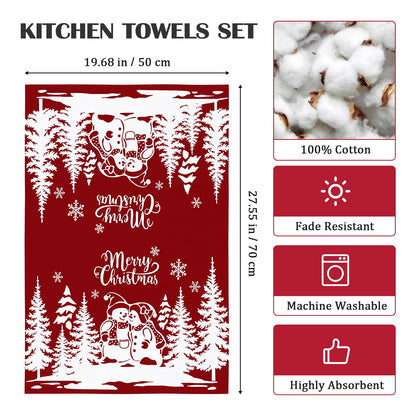 Arquiel 2 Pcs Snowman Christmas Kitchen Towel 100% Cotton Winter Absorbent Dish Towel 70 x 48 cm Housewarming Red Farmhouse Decorative Hand Towel for