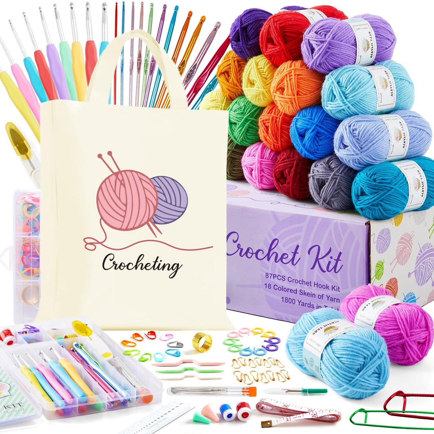 Inscraft Crochet Yarns Kit for Beginners Adults, 18 Acrylic Yarns Set for Crocheting, 1800 Yards Knitting Yarn Bag Kit, 105 Crochet Accessories Set