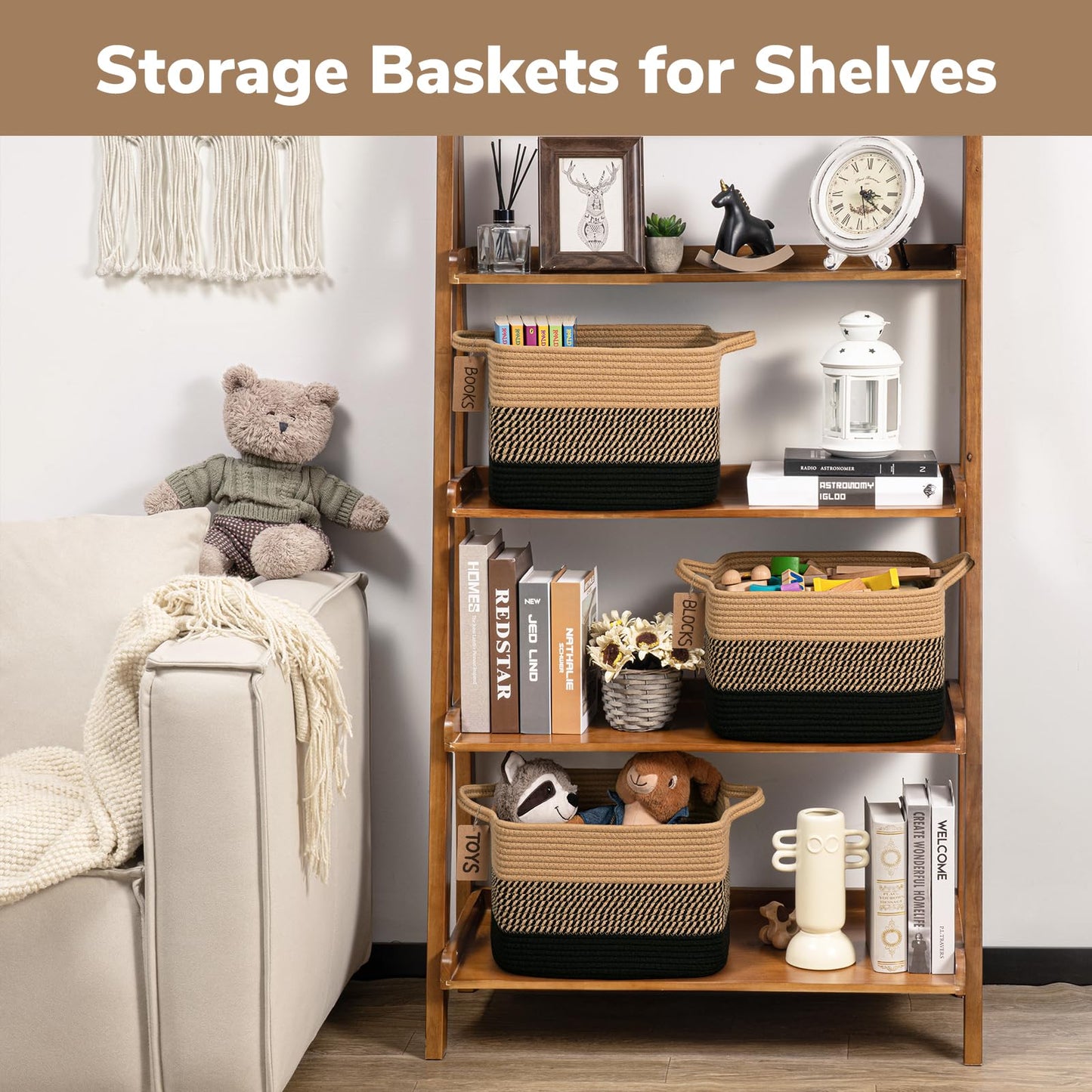 TIMEYARD 3 Pack Storage Baskets for Shelves Woven Cotton Rope Basket Black