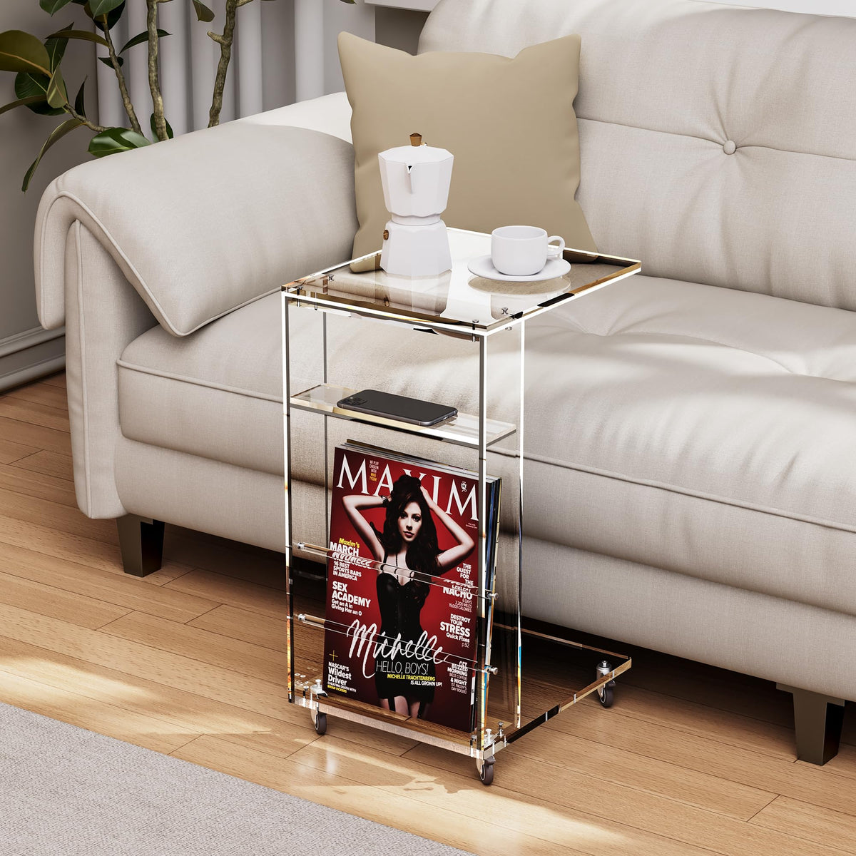 Acrylicolor Clear Acrylic C Shaped Side Table on Lockable Wheels(Clear)