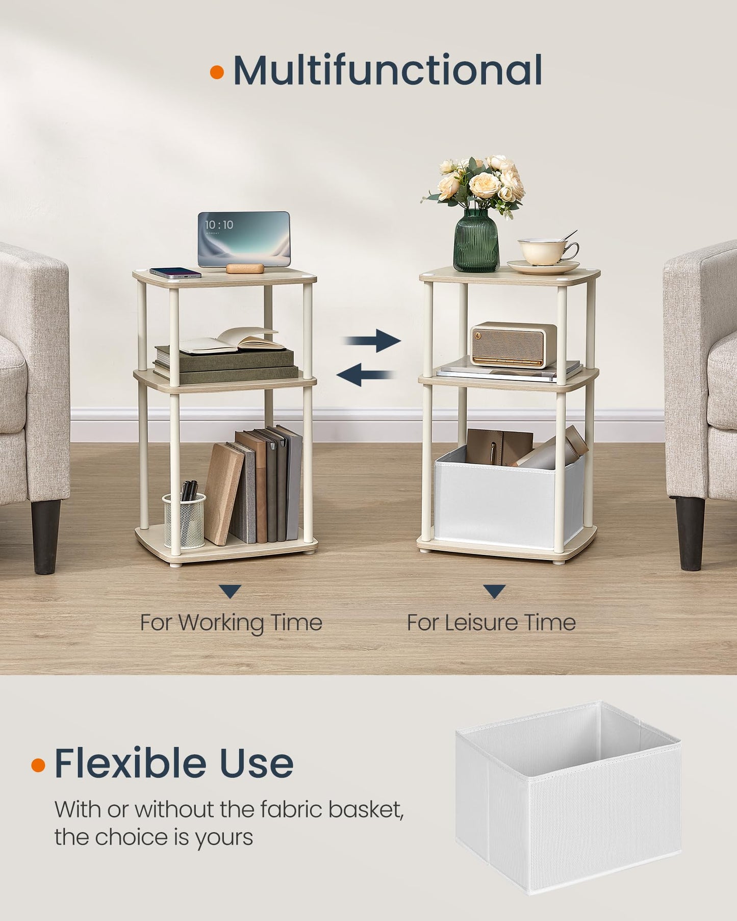 SONGMICS HOME Side Table, Bedside Table, End Table with 3 Storage Shelves, Fabric Basket, for Bedroom, Living Room, Steel Frame, 30 x 34 x 58 cm