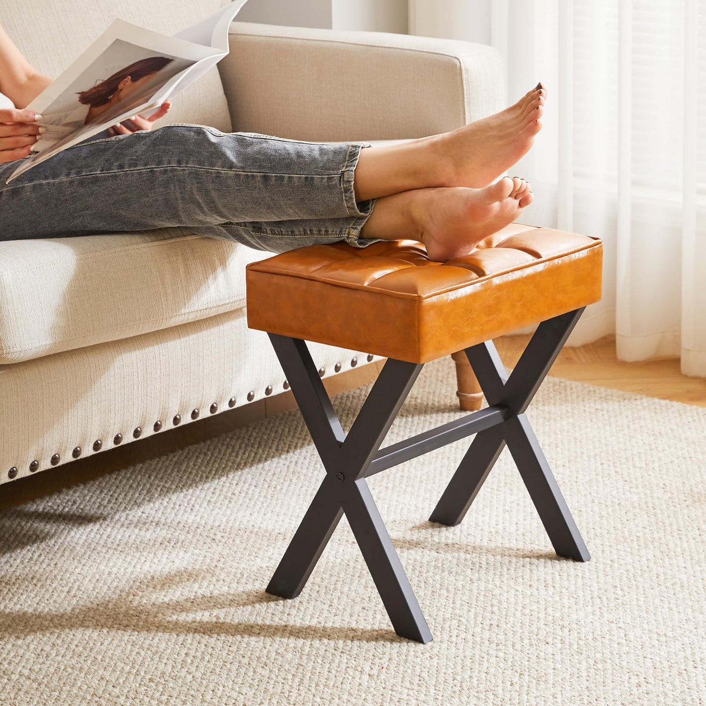 IBUYKE Square Makeup Stool with X-Leg, PU Vanity Chair, Light Brown L/G-71J