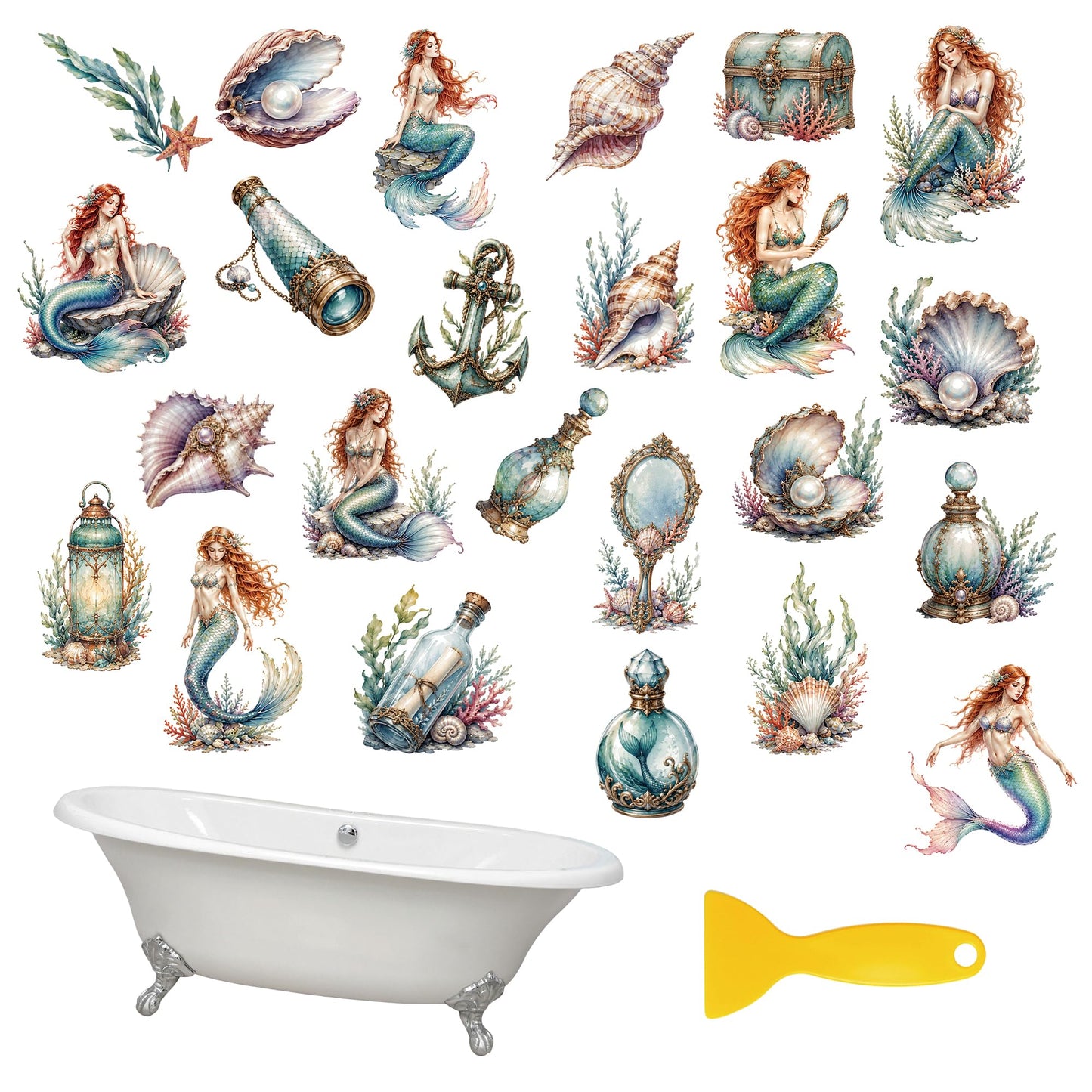 MOROBOR Non Slip Bathtub Stickers 6PCS Dreamy Mermaid Bathtub Sticker Anti-Slip Adhesive Bathtub Decals with Scraper for Bath Tub Stair Shower Floor