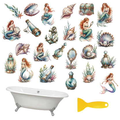 MOROBOR Non Slip Bathtub Stickers 6PCS Dreamy Mermaid Bathtub Sticker Anti-Slip Adhesive Bathtub Decals with Scraper for Bath Tub Stair Shower Floor