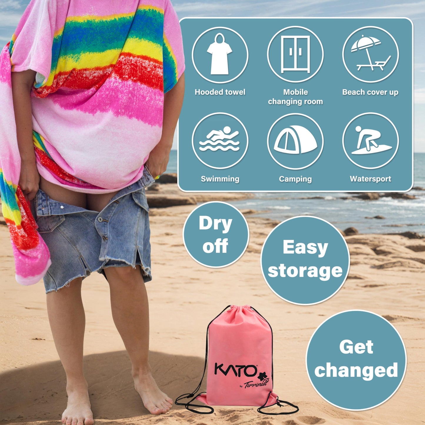 Kato Tirrinia Poncho Towel Adult, Large Changing Robe Towel, Surf Beach Towel, Quick Dry Swim Robe with Hood, Super Water Absorbent