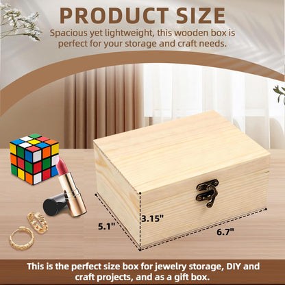 VIKOS Products (2-Pack Unfinished Unpainted Wooden Box with Hinged Lid for Crafts DIY Storage Jewelry Plain Pine Box - Small 6.7"x5.1"x3.1"