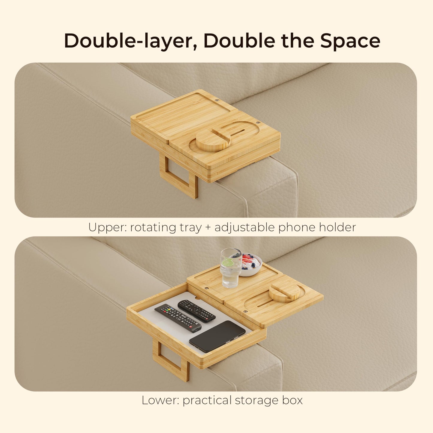 Wealone Bamboo Couch Arm Tray with 2 Rotatable Tray, Adjustable Sofa Arm Clip Table with Storage Box & 360° Phone Holder