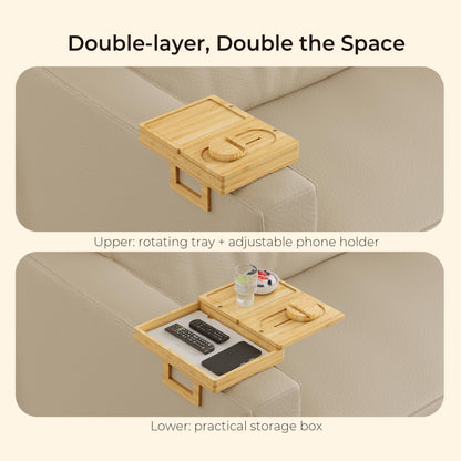 Wealone Bamboo Couch Arm Tray with 2 Rotatable Tray, Adjustable Sofa Arm Clip Table with Storage Box & 360° Phone Holder