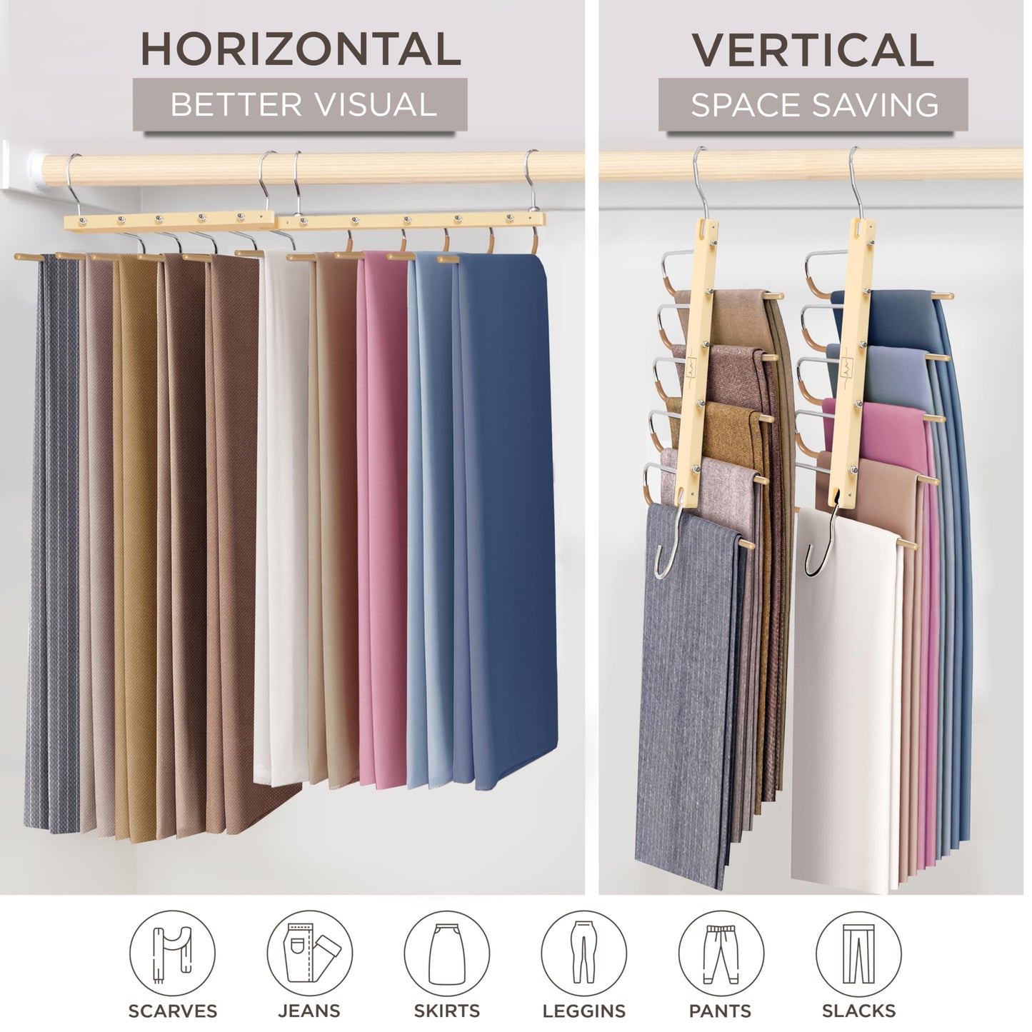 MORALVE Trousers Hangers Space Saving - 4 Pack European Beechwood Scarf and Jeans Hangers - Wardrobe Organiser and Space Saver Trouser Rack