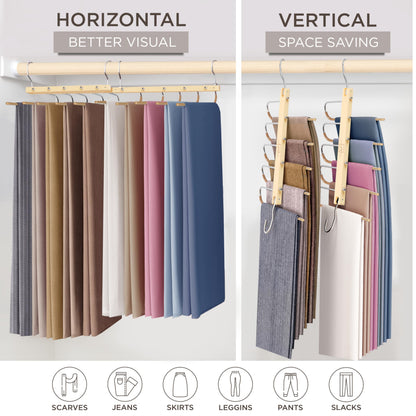 MORALVE Trousers Hangers Space Saving - 4 Pack European Beechwood Scarf and Jeans Hangers - Wardrobe Organiser and Space Saver Trouser Rack