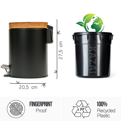 Kazai. 5L Designer Bathroom Bin | Superior Bamboo | Soft Closing | Anti-Finger | Black